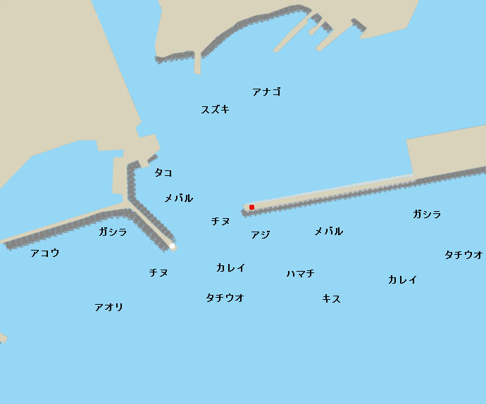 明石港ポイント図（赤灯台、白灯台周辺）