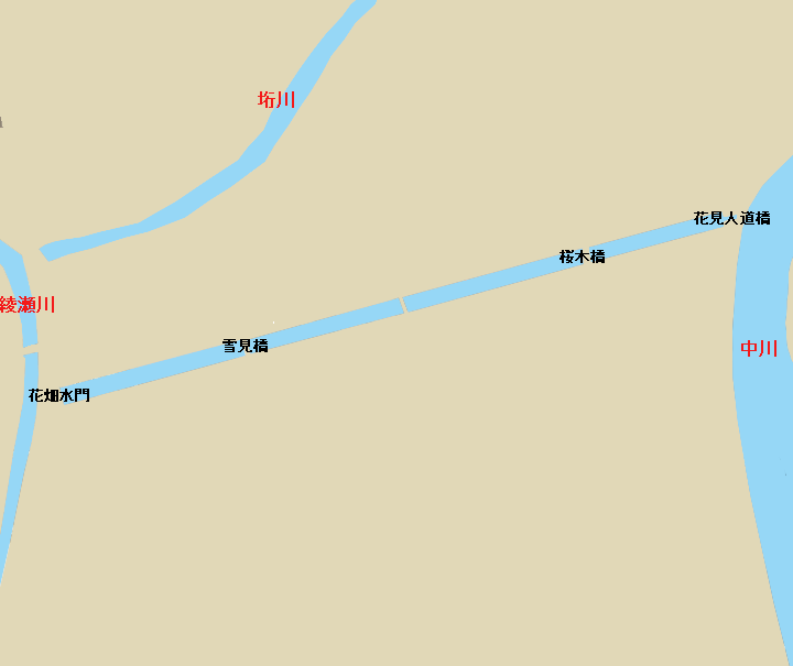 花畑運河全体図（綾瀬川、中川、垳川、花畑運河の位置関係）