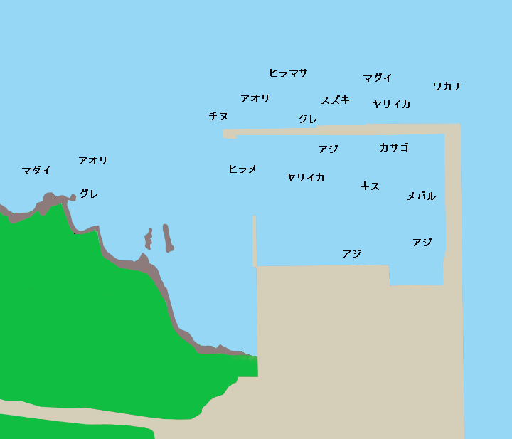 瀬戸ヶ島オバセの波止周辺ポイント図