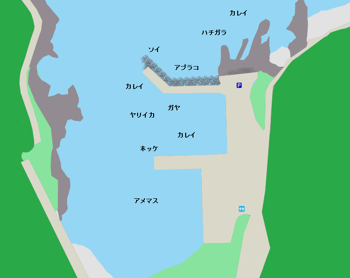 入舸漁港のポイント、トイレ、駐車場